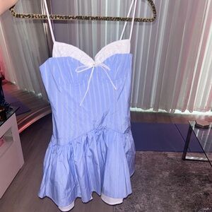 Blue and White Striped Corset Mini Dress with Sweetheart Neckline